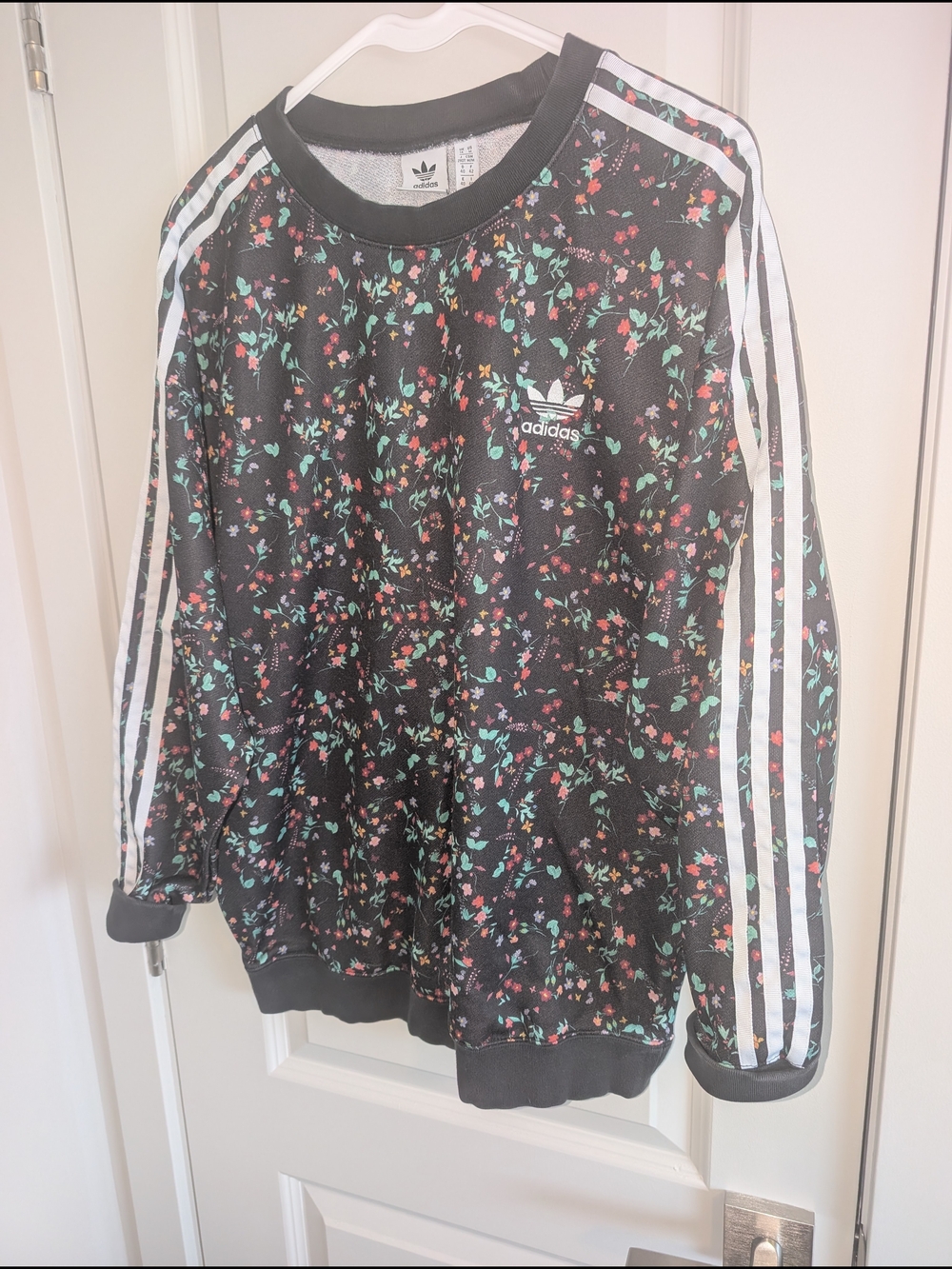 Adidas Floral Black Crewneck Sweatshirt with White Stripes